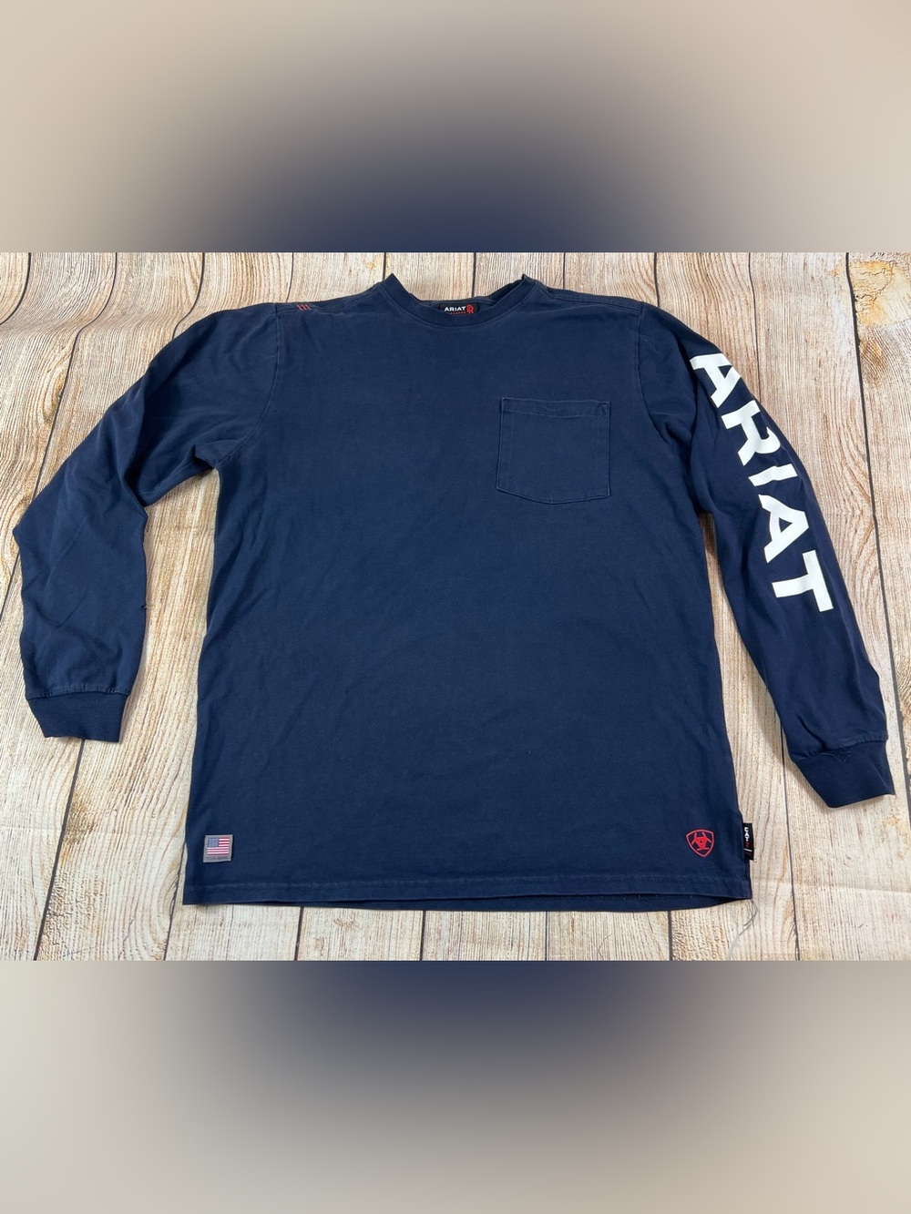 Mens Ariat FR Fire Resistant Longsleeve Knit Work Pocket Shirt Navy Blue Medium